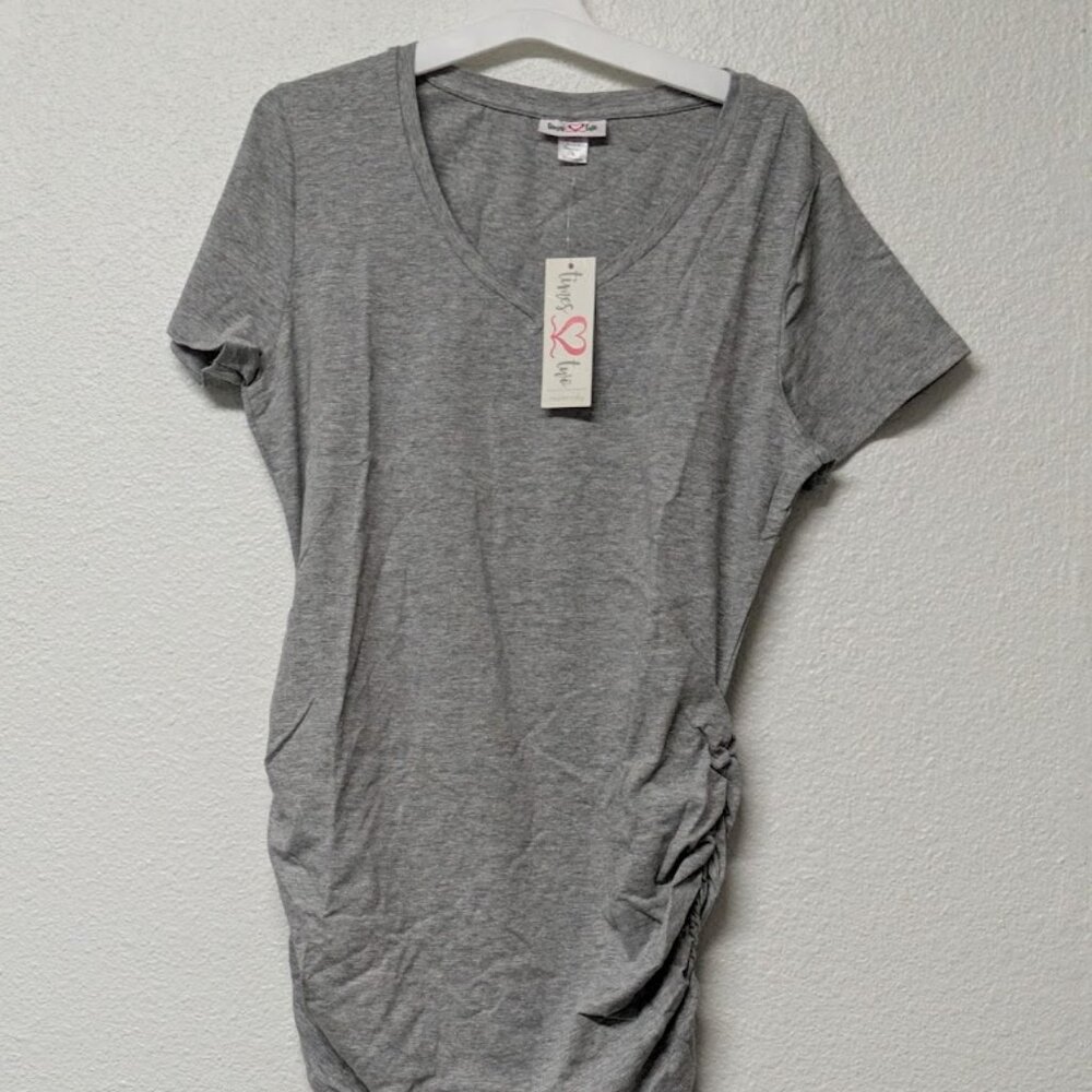 TIMES TWO Gray V-neck Short Sleeves Side Ruched Maternity Top Blouse - Large